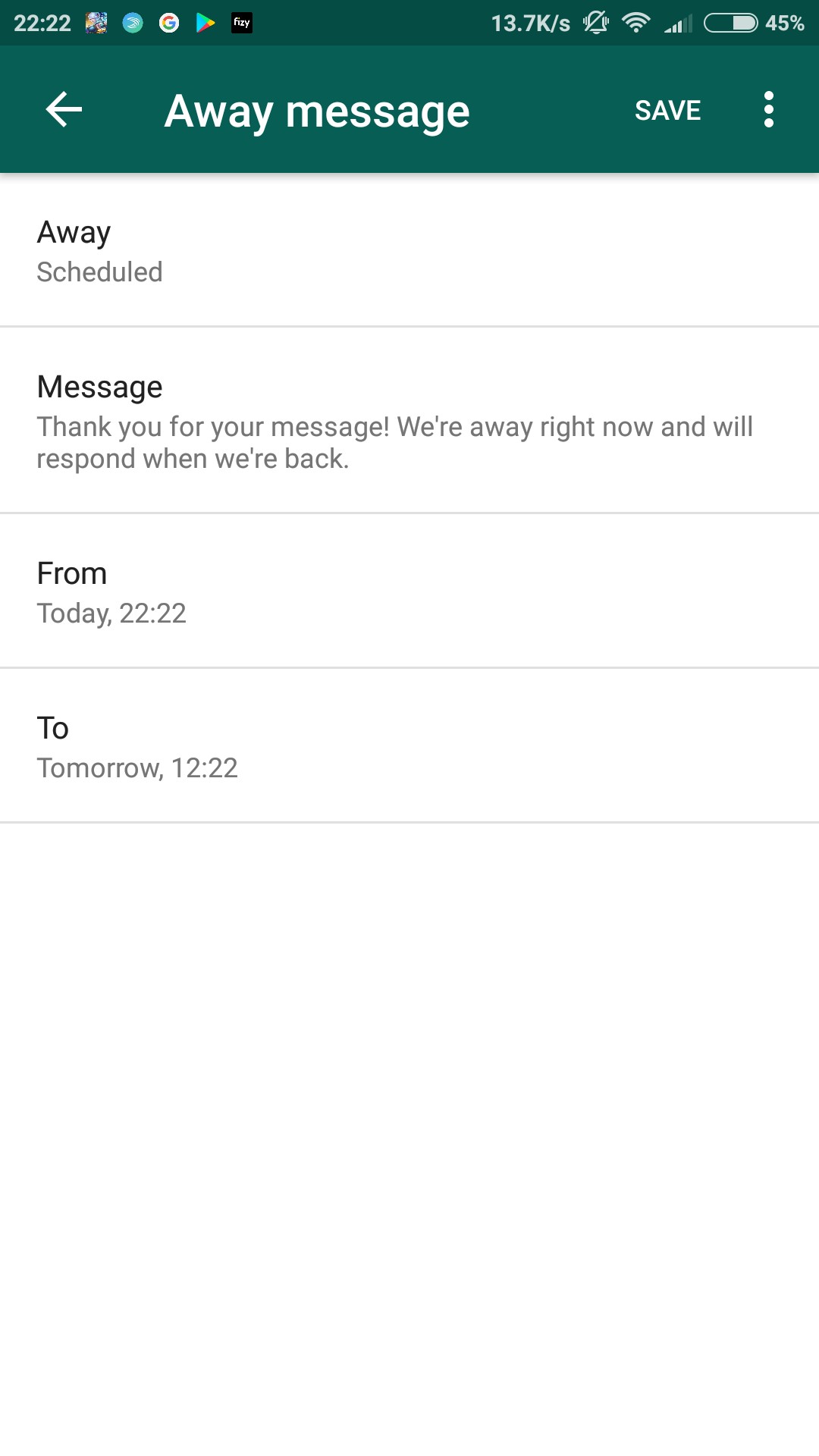 nexus2cee whatsapp business away message scheduled