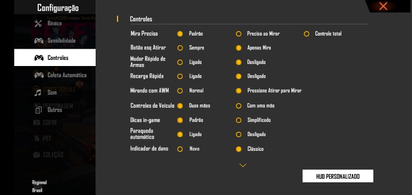 Configurações de Controle para Free Fire